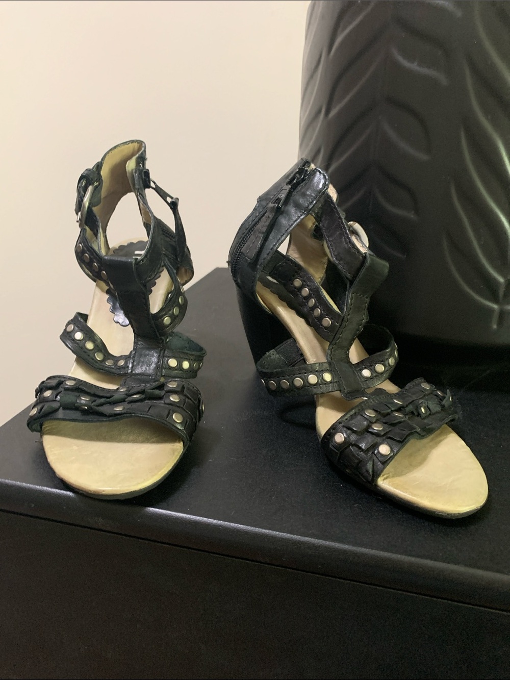 Black Studded Strappy High-Heel Sandals
